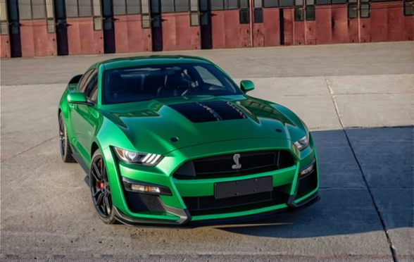 Ford Mustang rendered in Gloss Metallic Radioactive Green gloss wrap