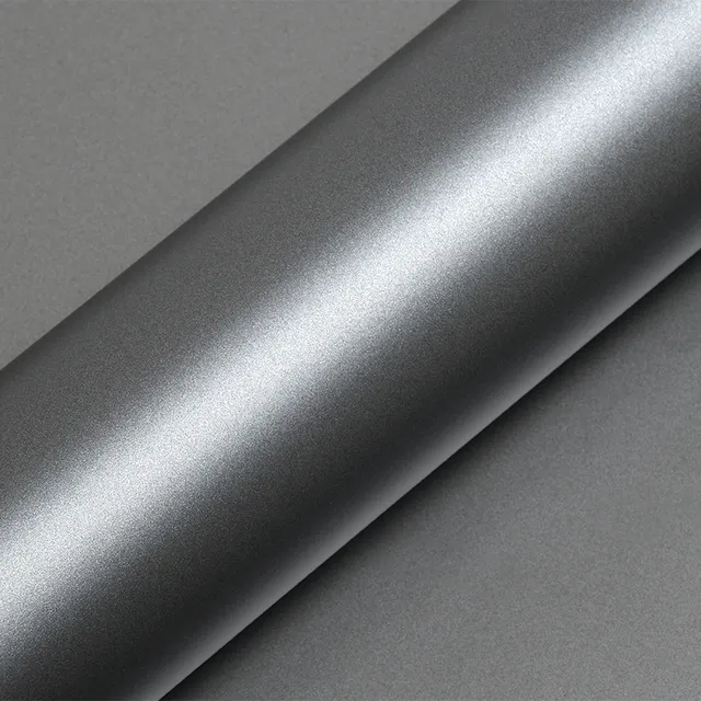 HEXIS Satin Santi Grey Metallic vinyl wrap film texture · Specced